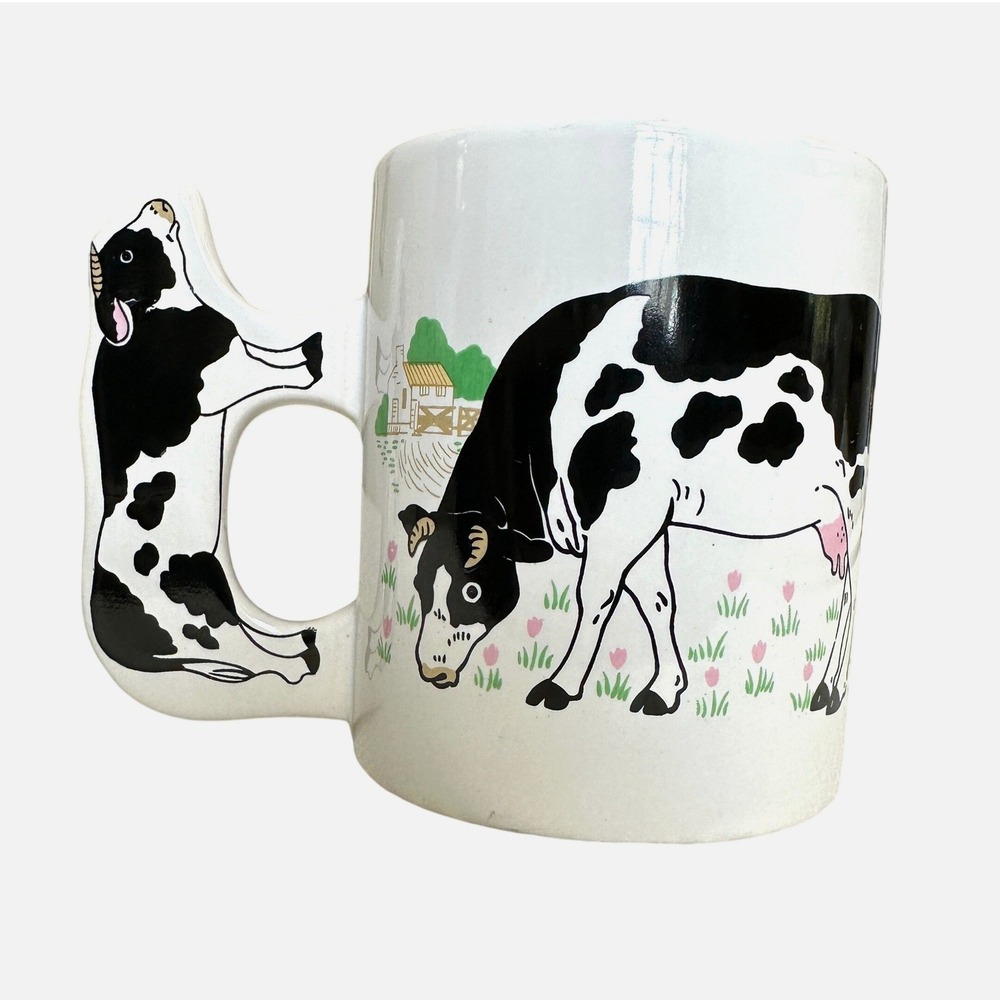 VTG Cow Coffee Mug Holstein Print Shaped Cow Handle Farmhouse Kitsch Tea Cup